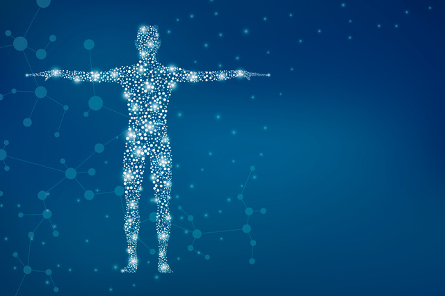 Abstract human body with molecules DNA. Medicine, science and technology concept. Illustration.